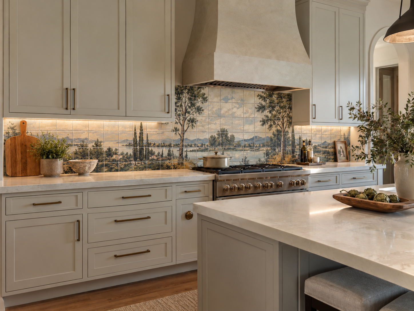 Kitchen backsplash featuring a custom landscape tile mural behind the range