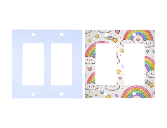 Custom double rocker switch plate – 2 gang decorator, square corners, blank and printed